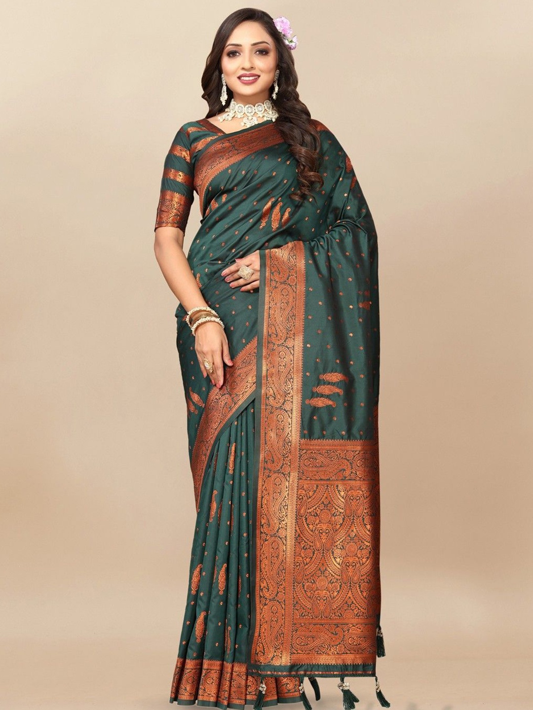 

VARNI FABRICS Woven Design Zari Pure Silk Banarasi Saree, Green