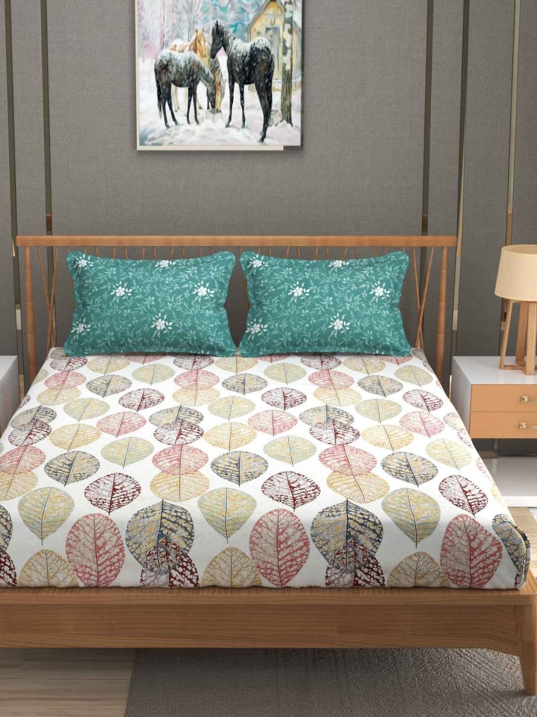 YaAkholic White & Green Floral Printed 300 TC King Bedsheet Set 2.7 m x 2.7 m