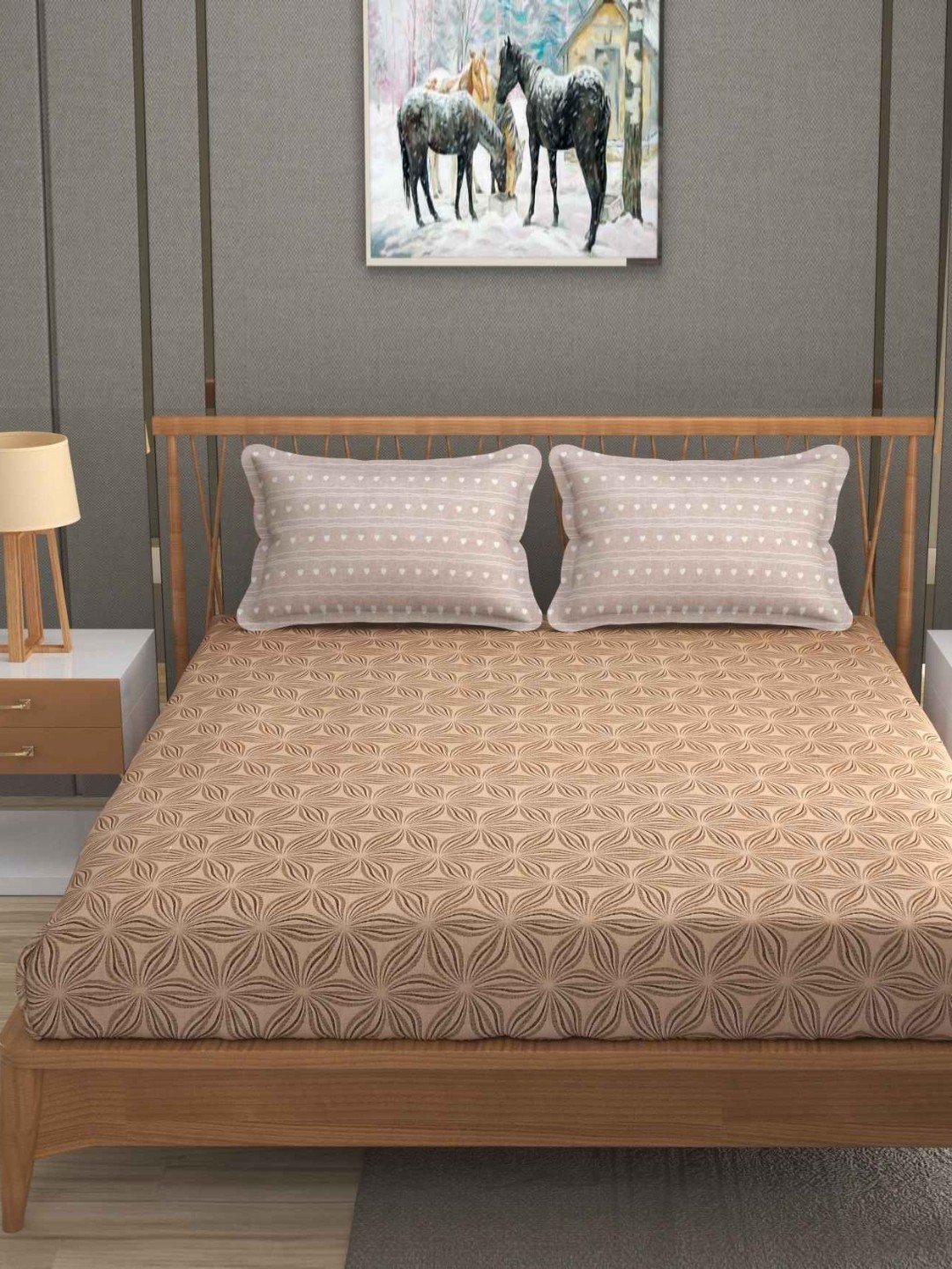 

YaAkholic Beige Floral Printed 300 TC King Bedsheet Set 2.7 m x 2.7 m