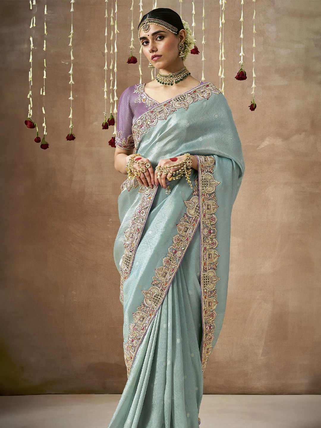 

MAHALASA Ethnic Motifs Sequinned Tissue Banarasi Saree, Turquoise blue