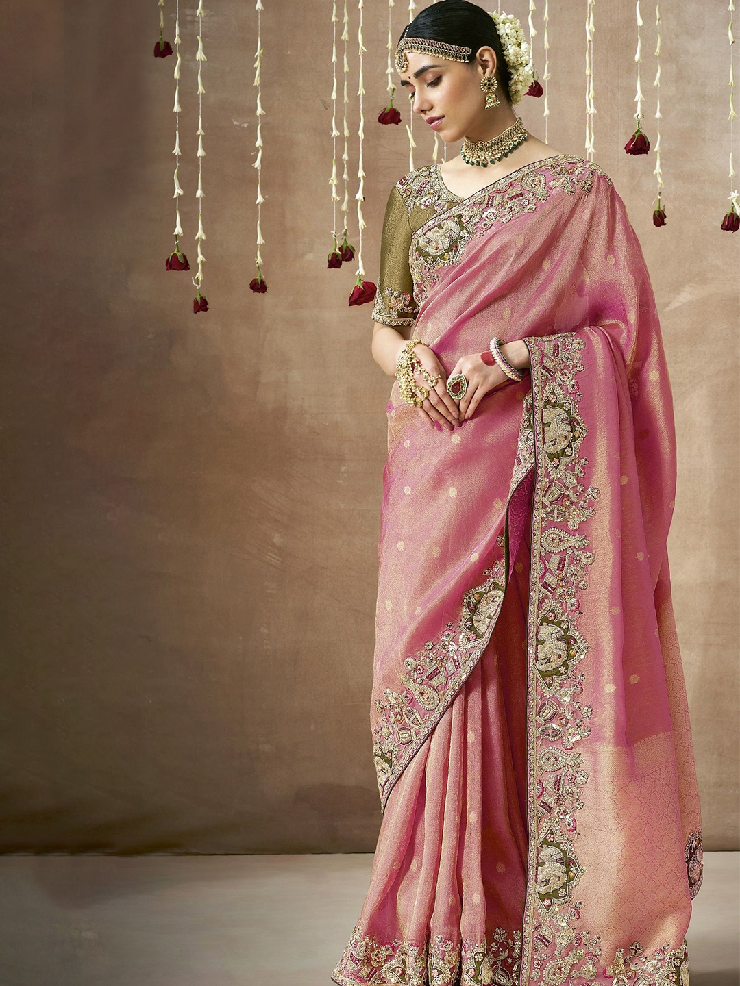 

MAHALASA Floral Sequinned Tissue Banarasi Saree, Pink