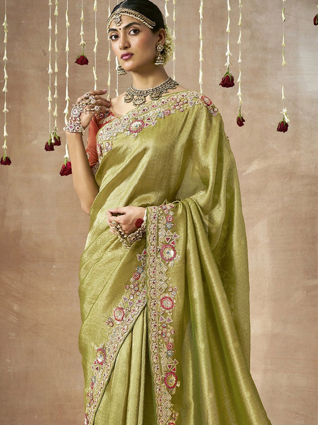 

MAHALASA Floral Sequinned Saree, Olive