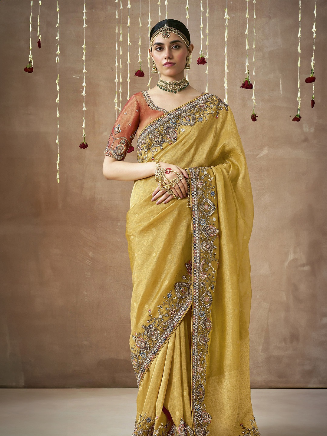 MAHALASA Floral Sequinned Embroidered Tissue Saree, Yellow