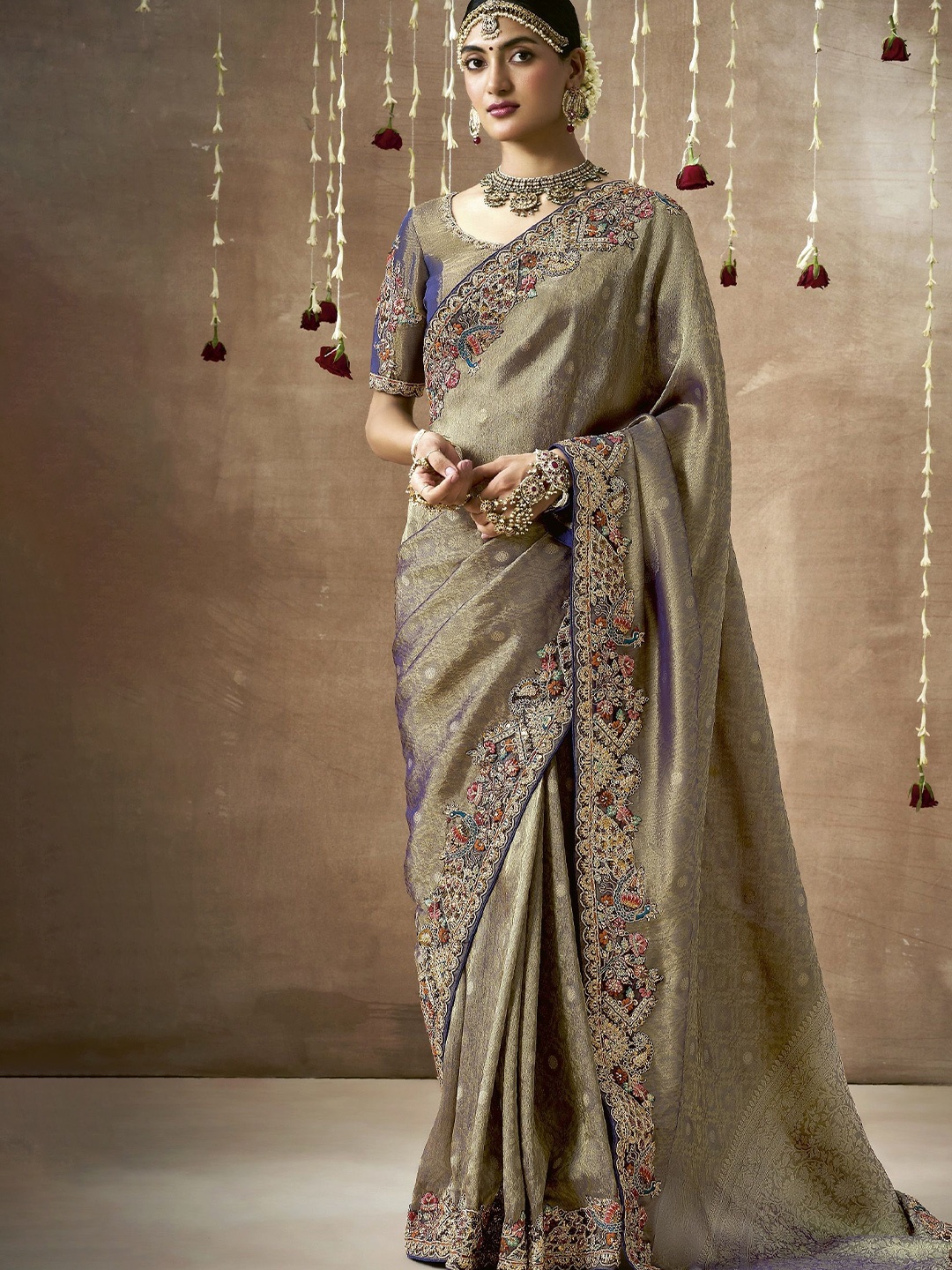 

MAHALASA Woven Design Embroidered Tissue Banarasi Saree, Grey