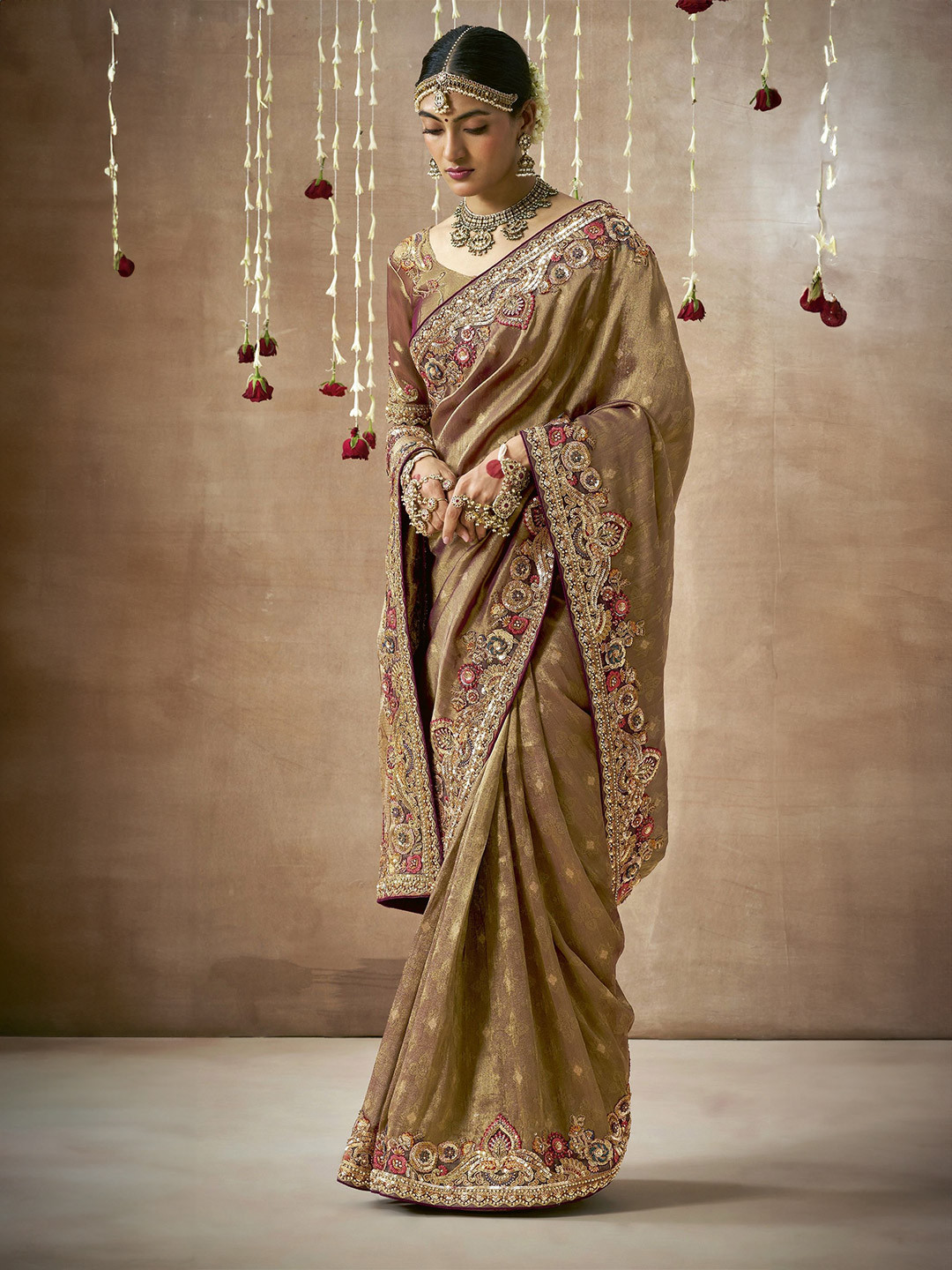 

MAHALASA Embellished Sequinned Tissue Saree, Brown