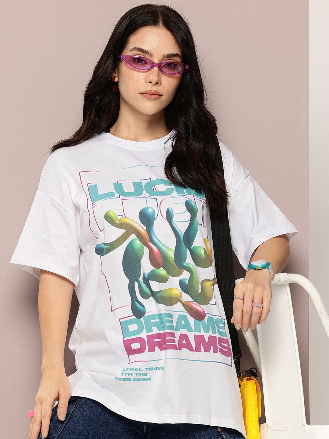 

Kook N Keech Printed Drop-Shoulder Sleeves Oversized Pure Cotton T-shirt, White