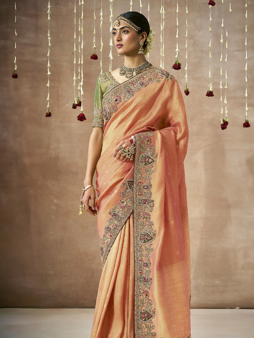 MAHALASA Embellished Sequinned Tissue Designer Banarasi Saree, Orange