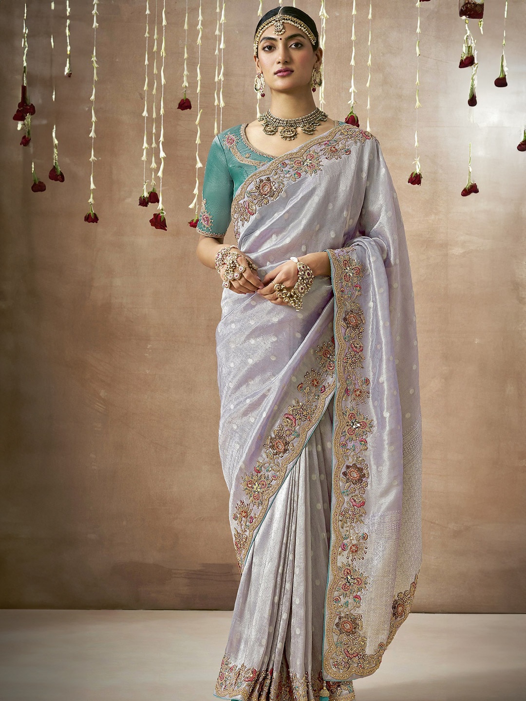 MAHALASA Embellished Sequinned Tissue Banarasi Saree, Lavender