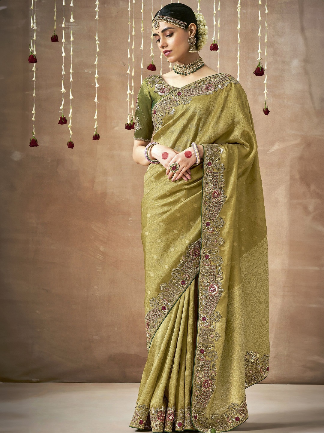 

MAHALASA Floral Embroidered Sequinned Banarasi Saree, Olive
