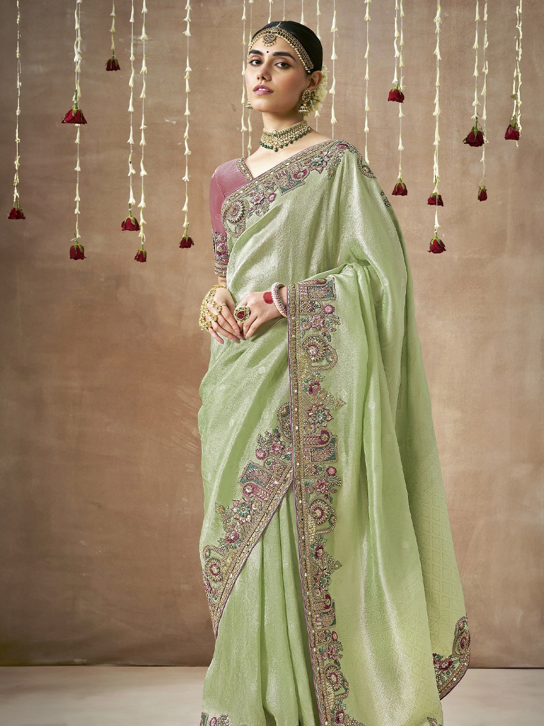 

MAHALASA Embroidered Tissue Banarasi Saree, Sea green