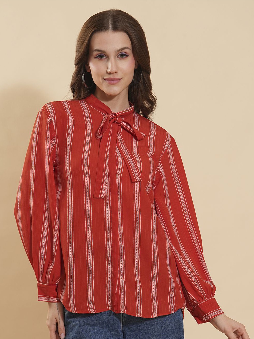 

Fashfun Women Striped Printed Tie-Ups Georgette Casual Shirt, Red