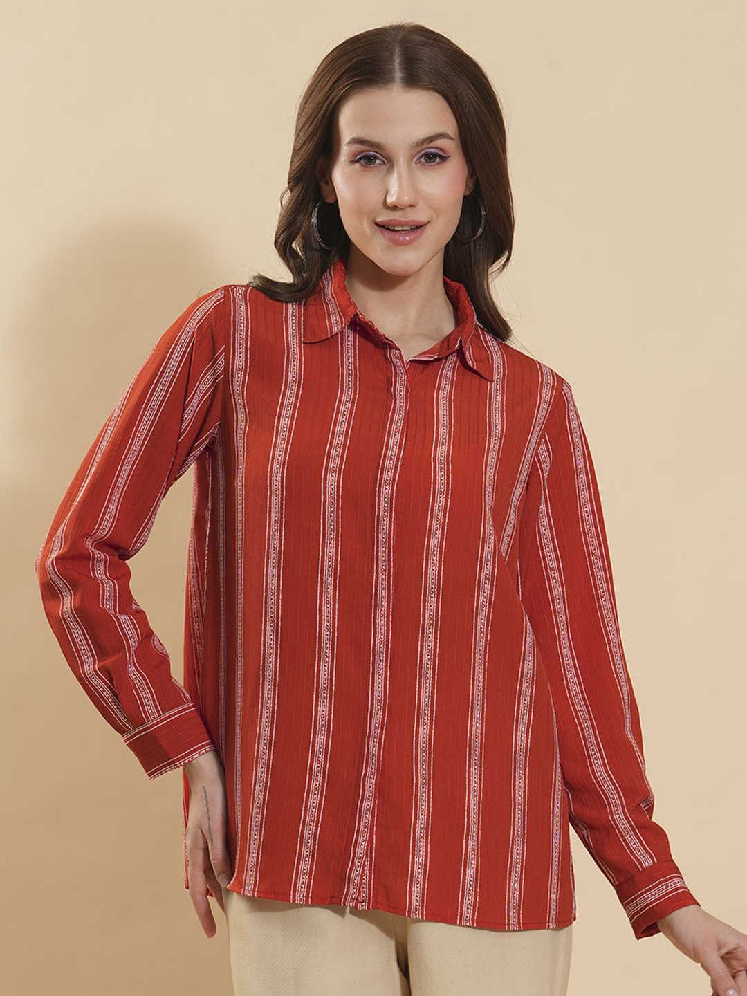 

Fashfun Women Spread Collar Vertical Striped Formal Shirt, Rust