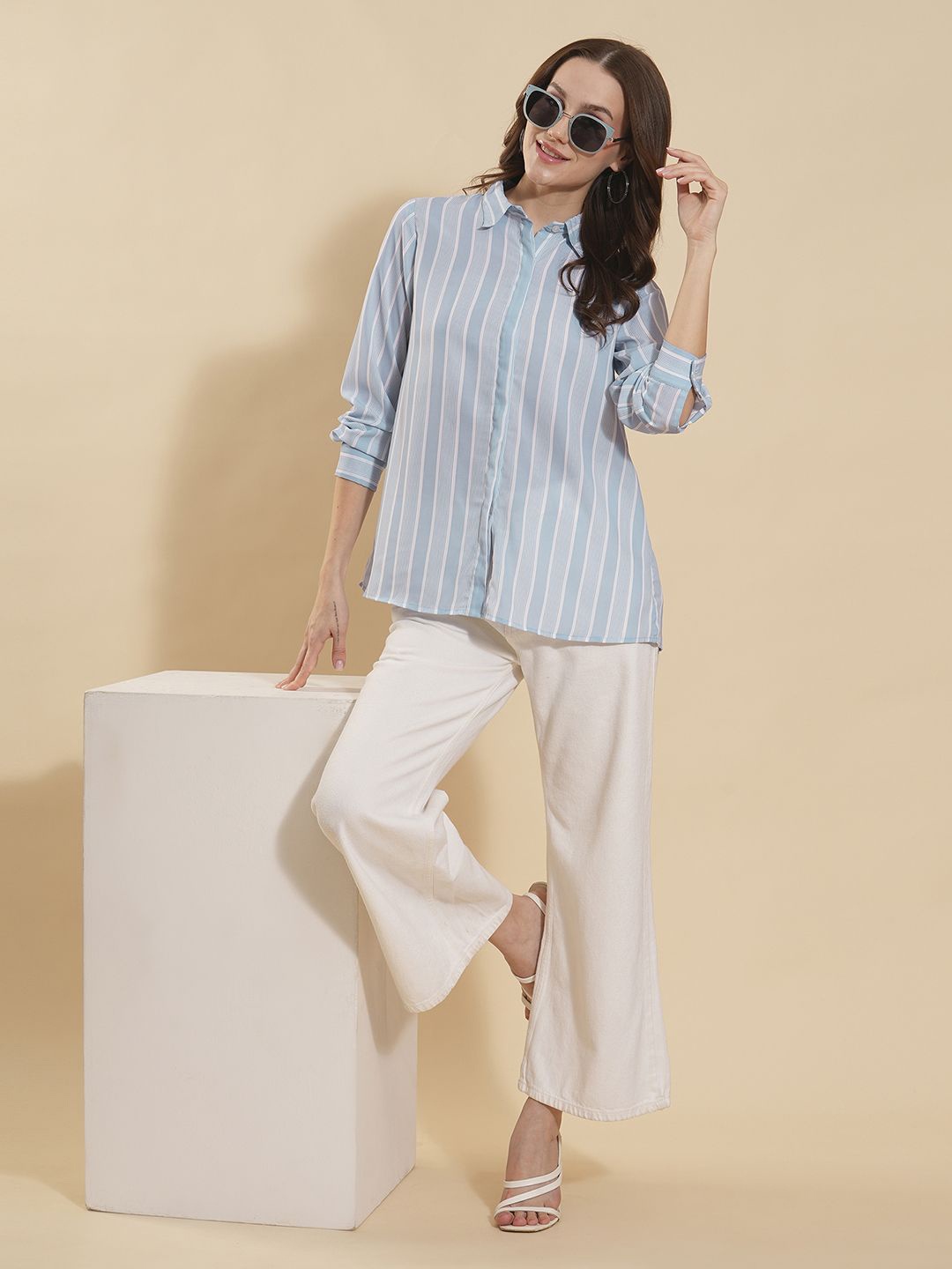 

Fashfun Women Spread Collar Vertical Striped Casual Shirt, Blue