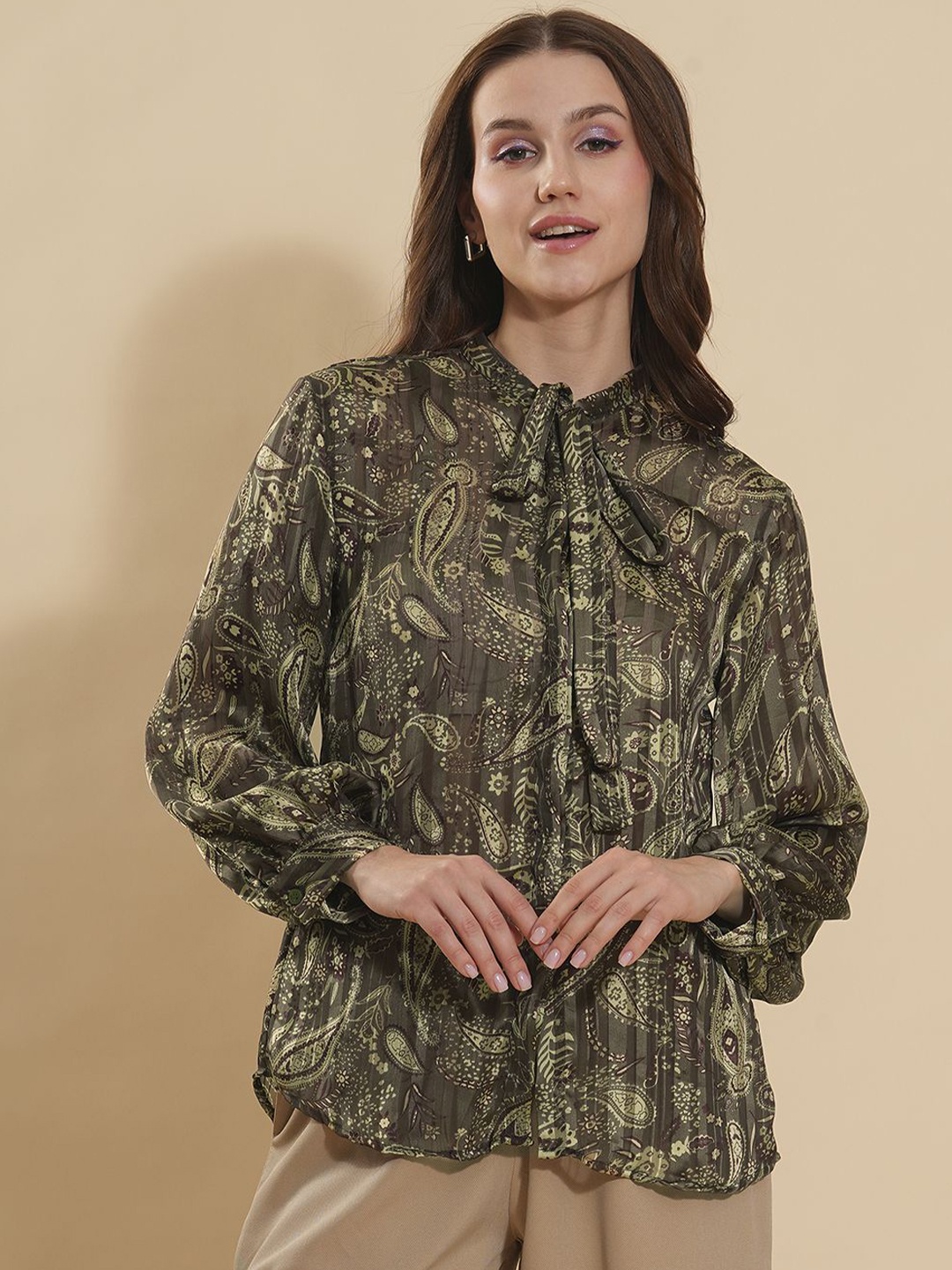 Fashfun Women Ethnic Printed Casual Shirt Style Top, Olive