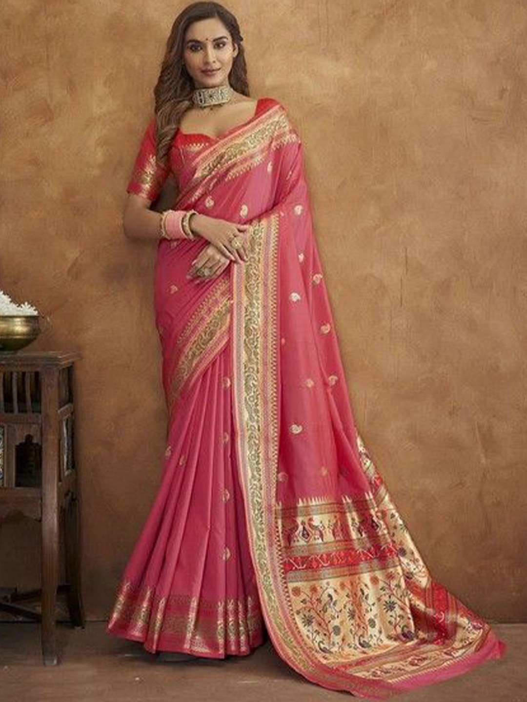 VARNI FABRICS Women Woven Design Zari Pure Silk Banarasi Saree, Pink