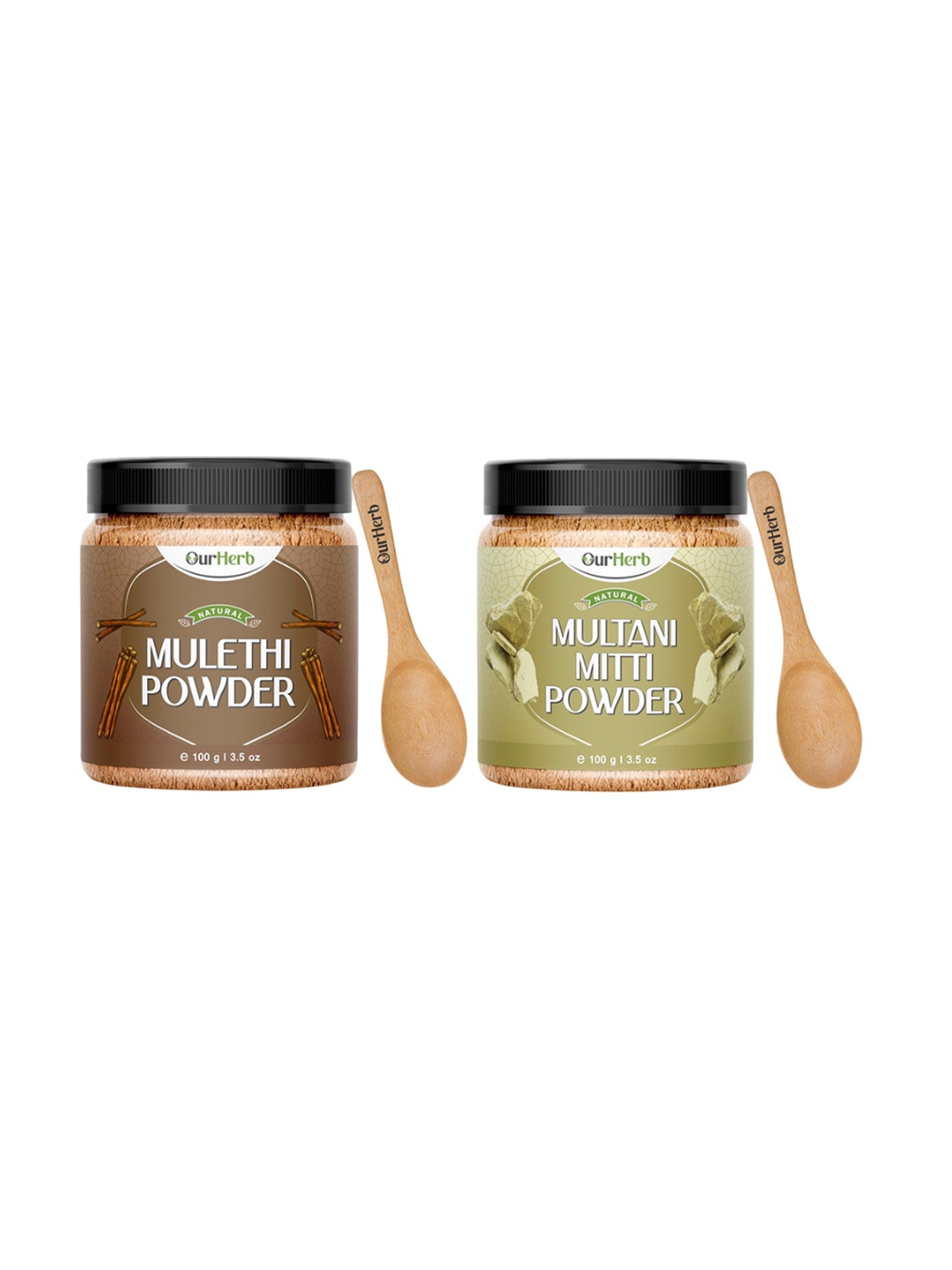 

OurHerb Set Of 2 Mulethi Powder & Multani Mitti Powder With Spoon- 100 g Each, Brown