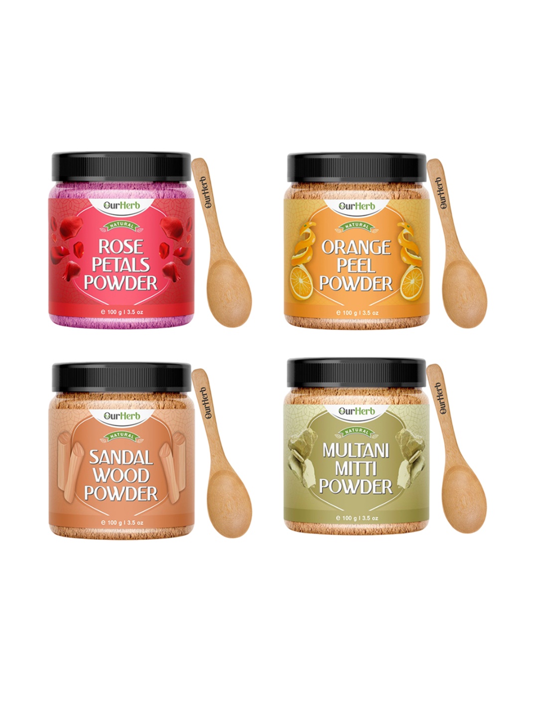 

OurHerb Set Of 4 Sandalwood Multani Mitti, Rose Petal & Orange Peel Face Packs-100 g Each, Brown