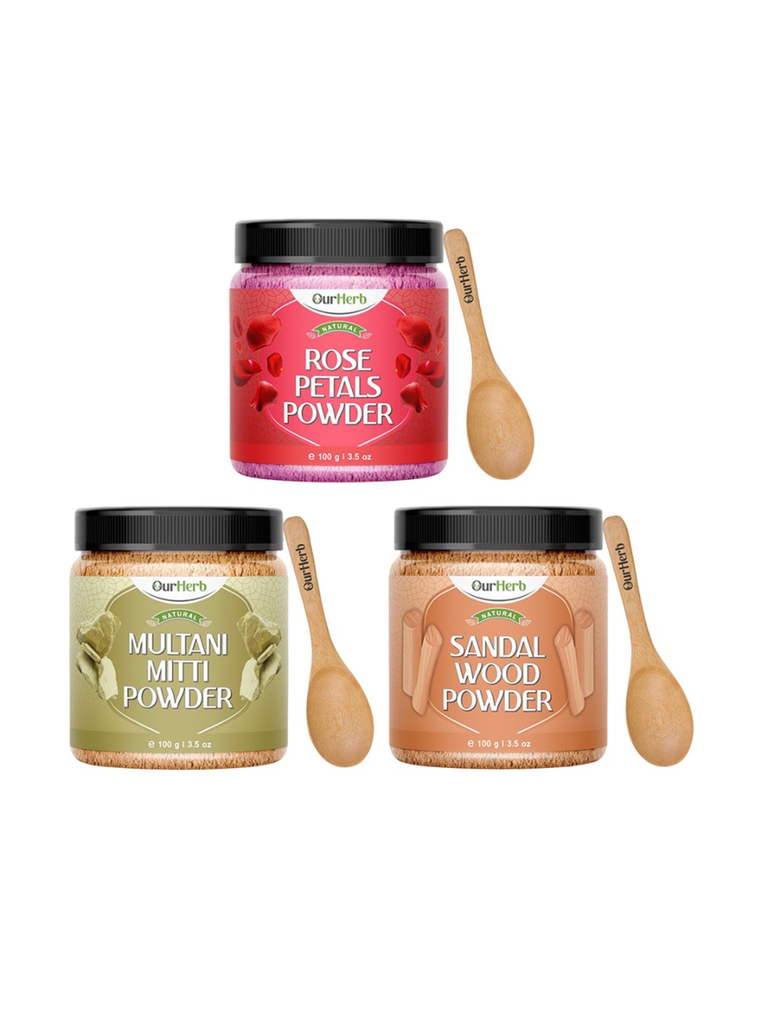 OurHerb Set Of 3 Rose Petals - Multani Mitti & Sandalwood Powder With Spoon- 100 g Each, Brown
