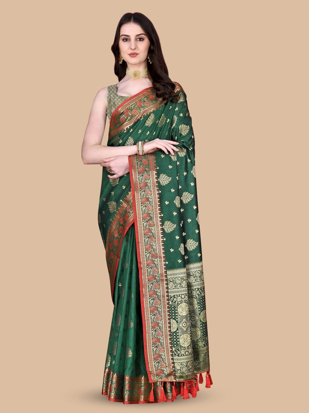 

VARNI FABRICS Women Woven Design Zari Pure Silk Banarasi Saree, Green