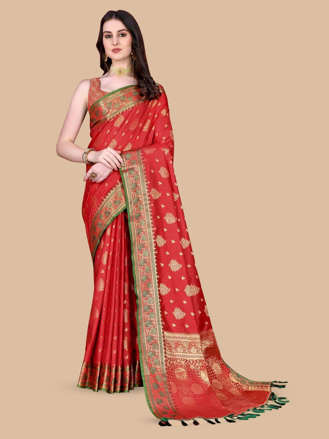 

VARNI FABRICS Woven Design Zari Banarasi Saree, Red