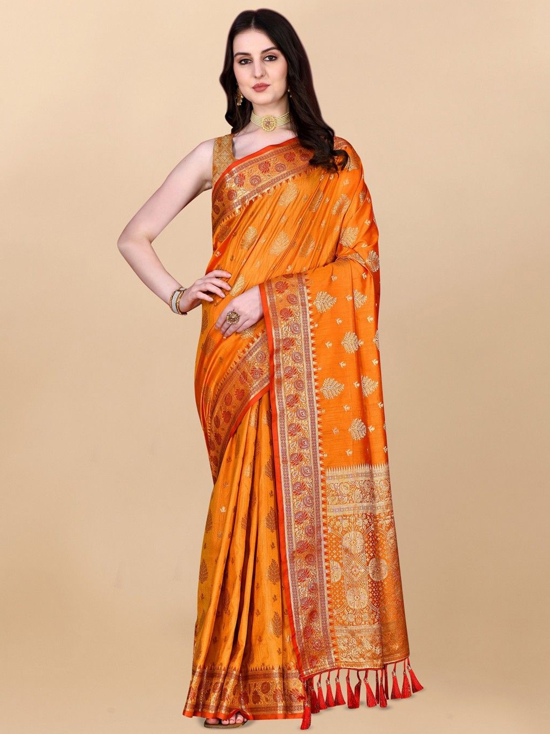 

VARNI FABRICS Woven Design Zari Pure Silk Banarasi Saree, Orange