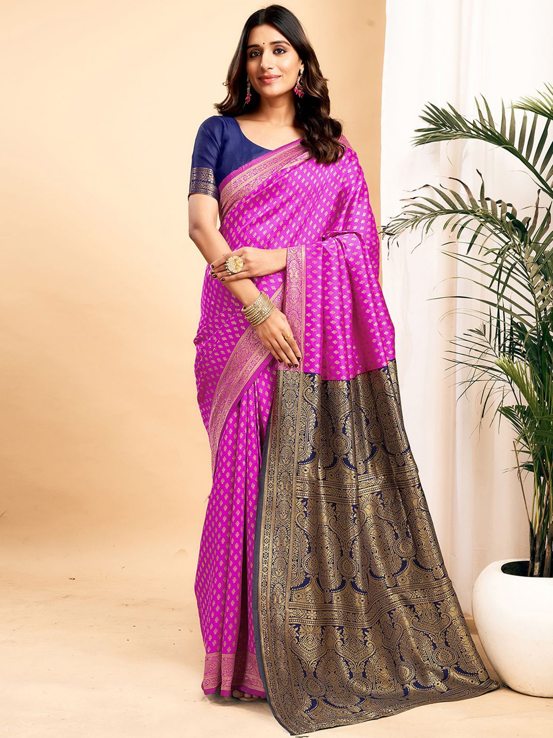 

KALINI Women Woven Design Zari Silk Blend Banarasi Saree, Pink