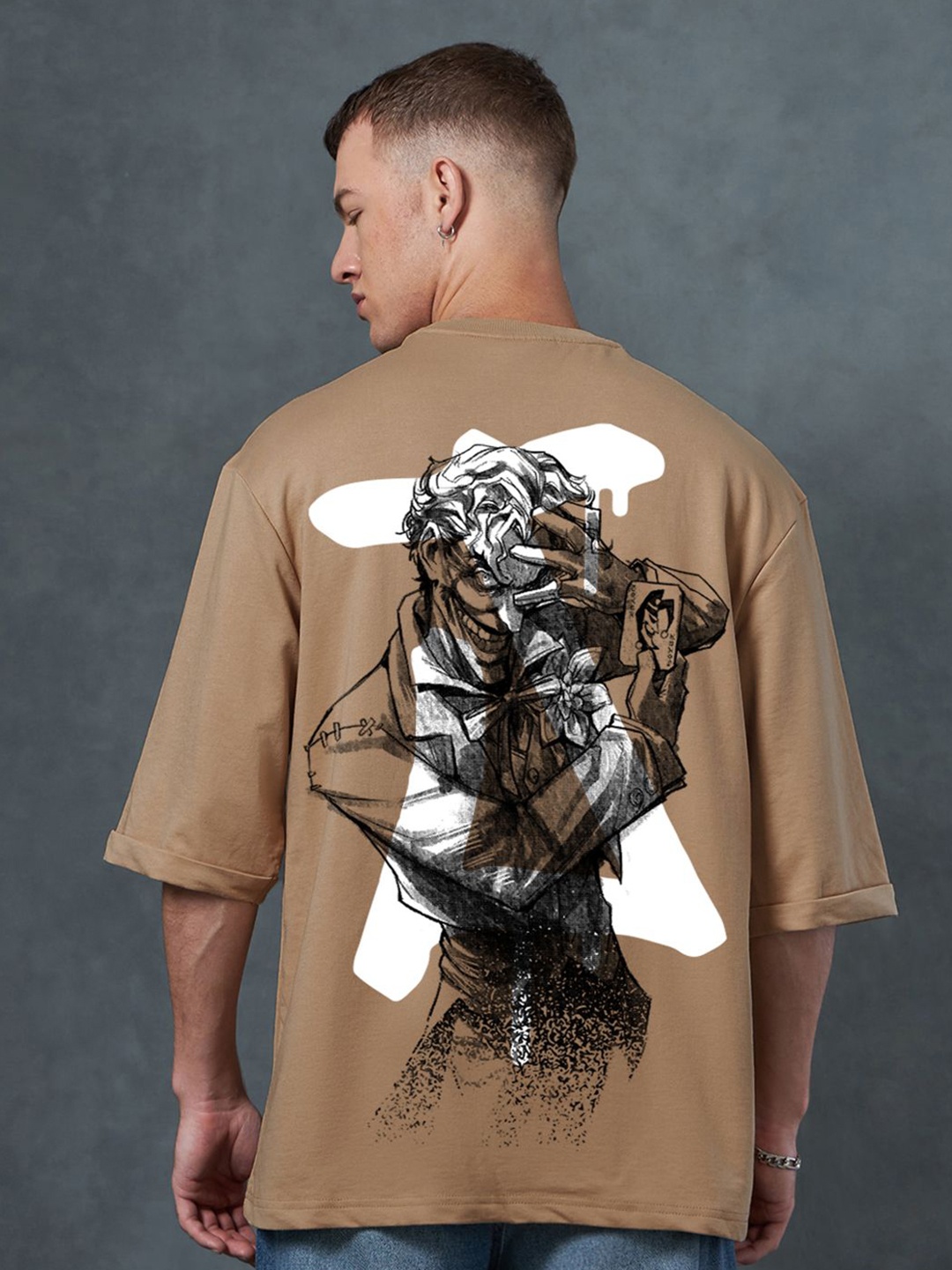 

Bewakoof Men Graphic Printed Round Neck Cotton Oversized T-shirt, Brown