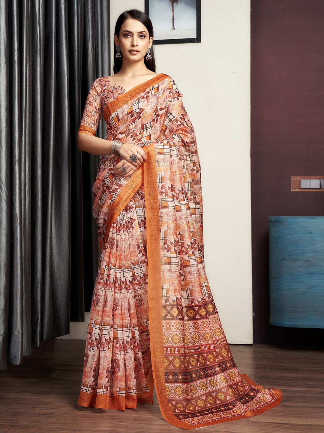 

KALINI Geometric Printed Saree, Brown