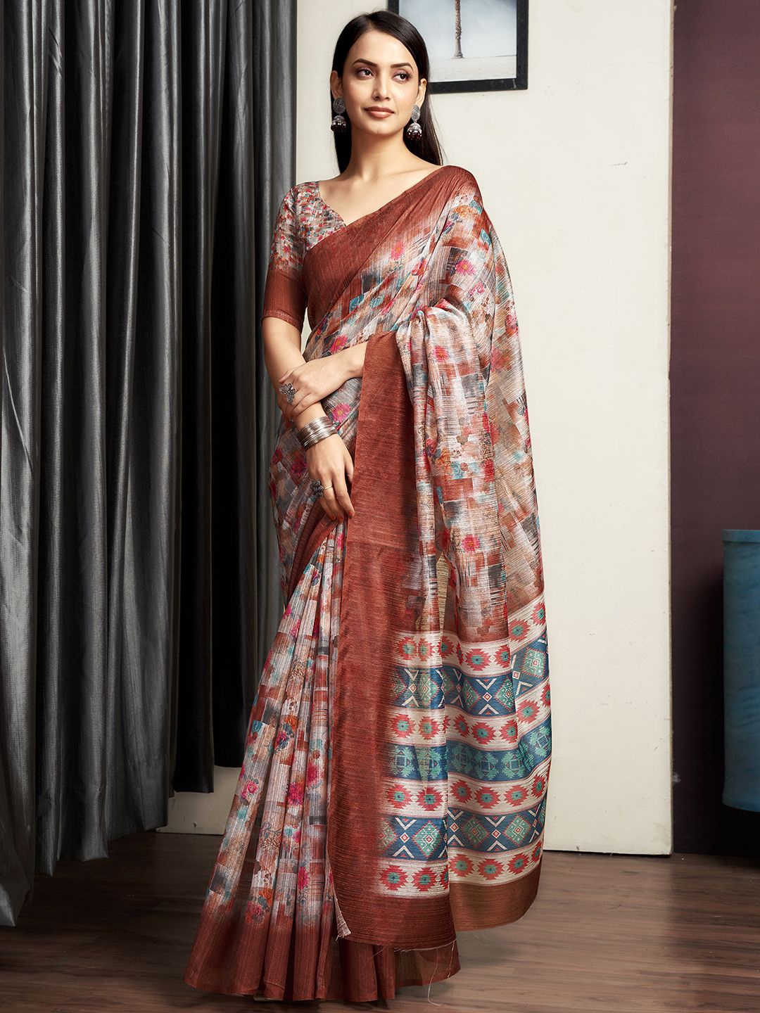 

KALINI Printed Ethnic Daily Wear Saree, Brown