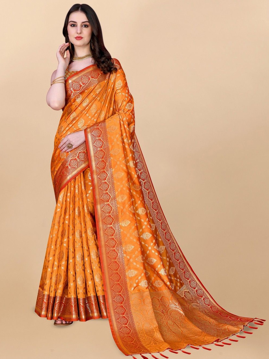 

VARNI FABRICS Woven Design Zari Pure Silk Banarasi Saree, Yellow