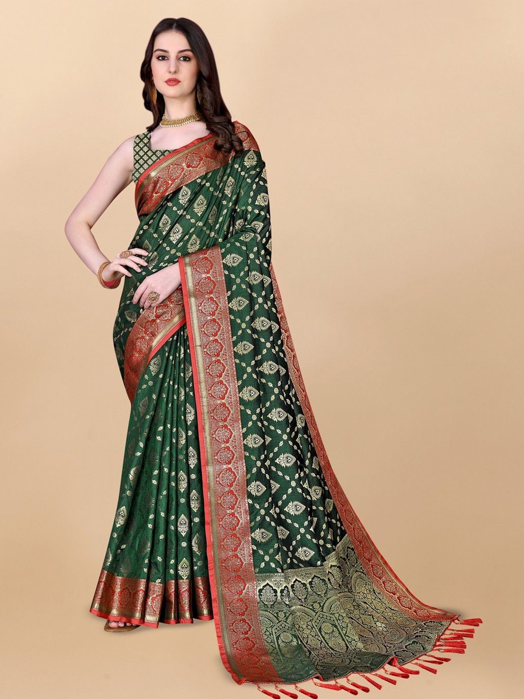 

VARNI FABRICS Woven Design Zari Pure Silk Banarasi Saree, Green