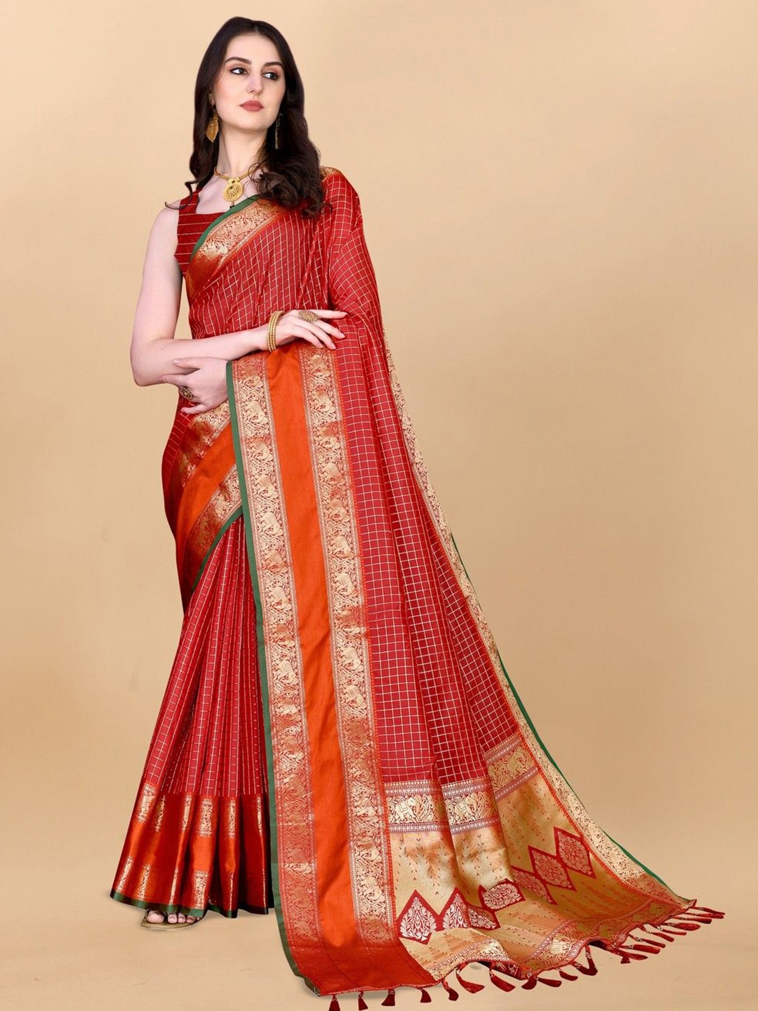 VARNI FABRICS Checked Zari Pure Silk Banarasi Saree, Red