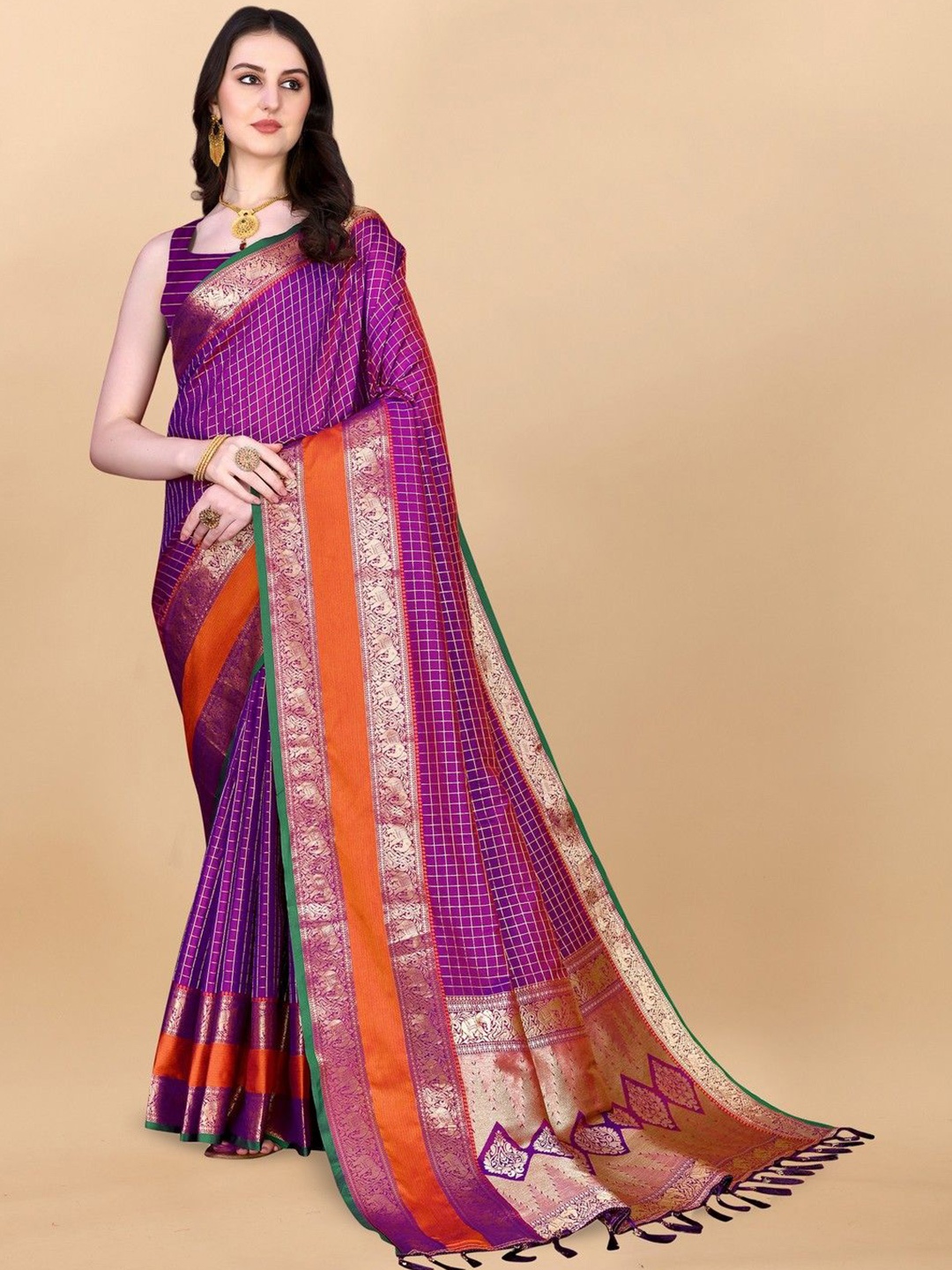 

VARNI FABRICS Checked Zari Pure Silk Banarasi Saree, Purple