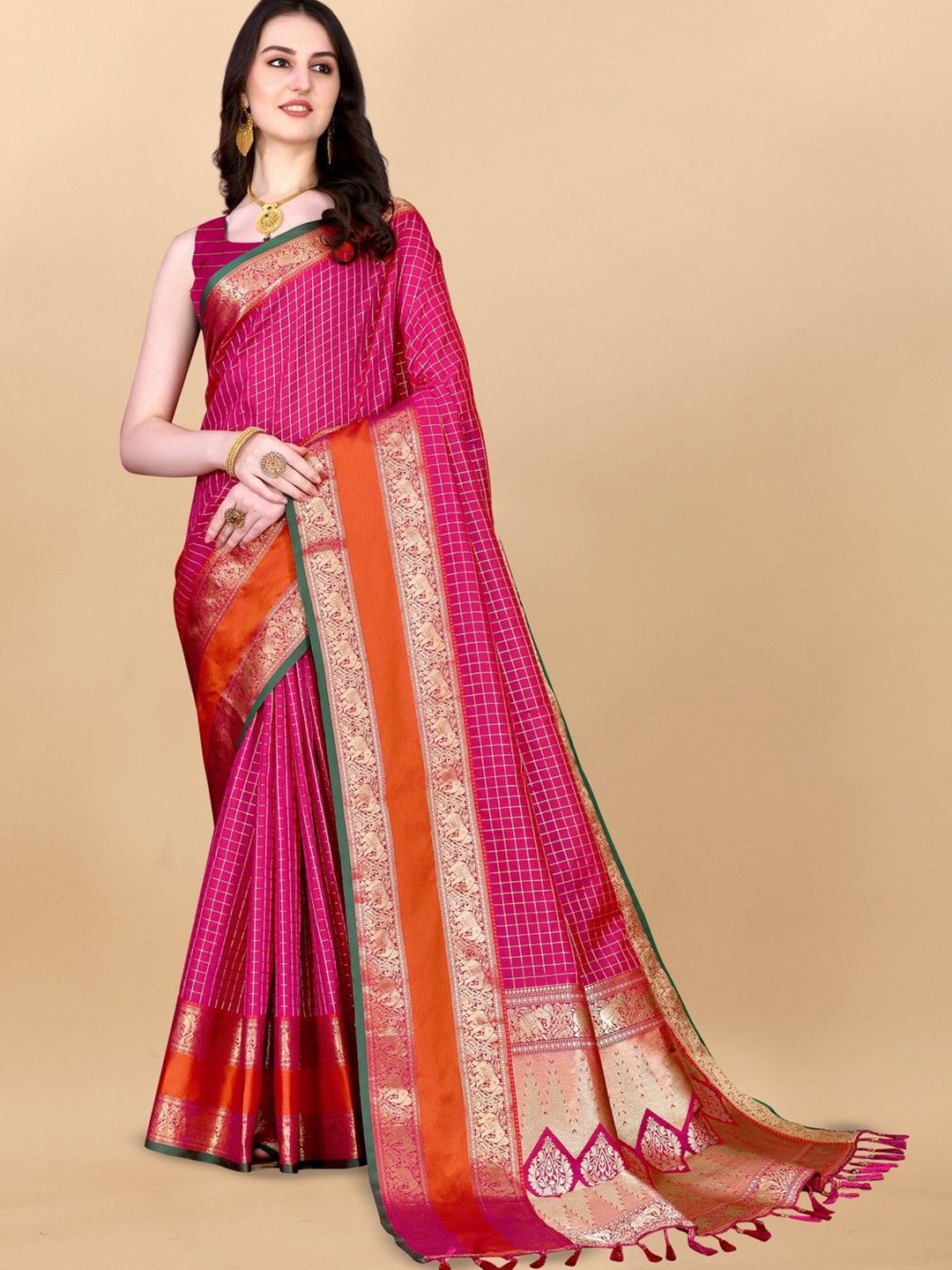 

VARNI FABRICS Woven Design Zari Pure Silk Banarasi Saree, Pink