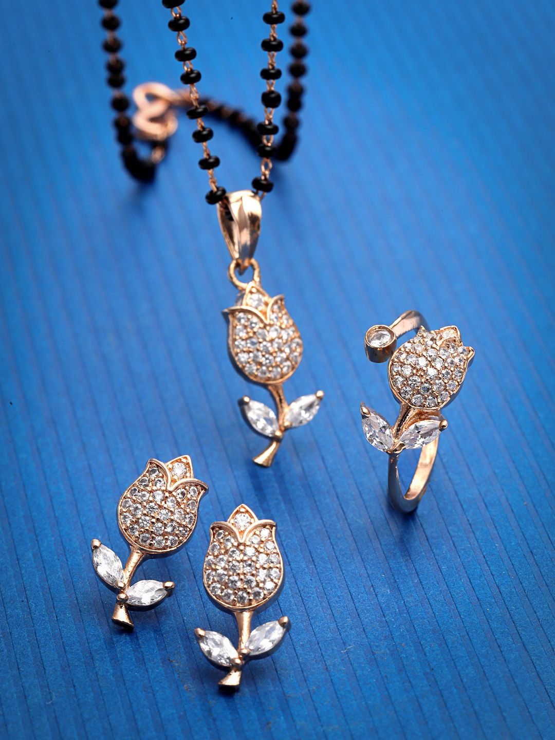 

PANASH Gold-Plated American Diamond Studded & Beaded Mangalsutra With Earrings & Ring