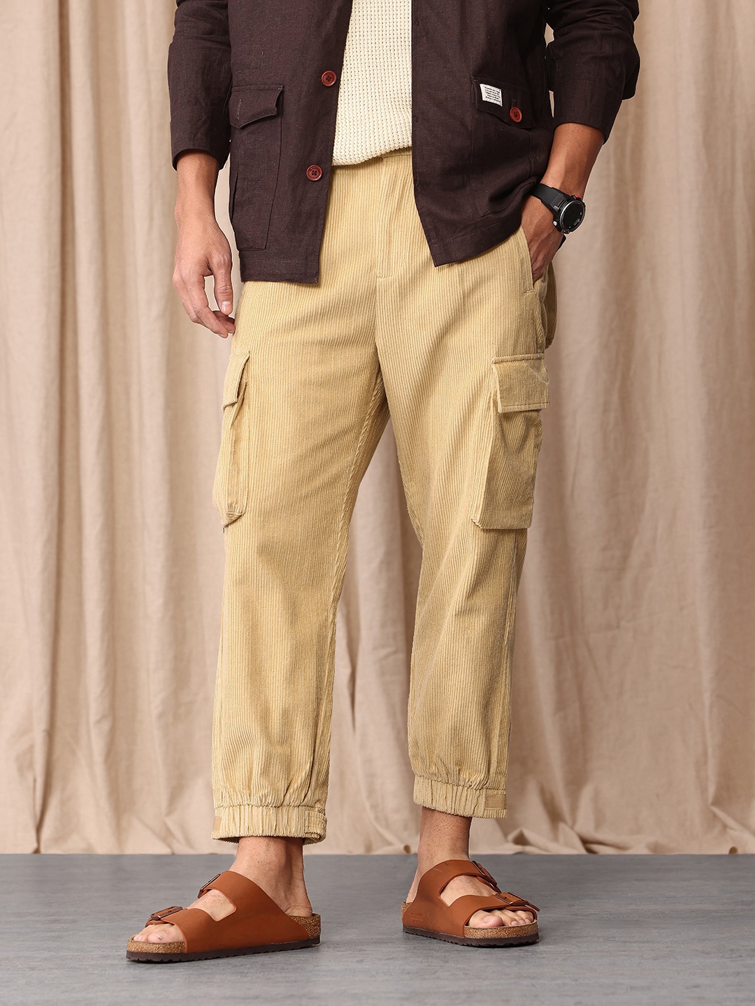 

Mr Bowerbird Men Pleated Oversized Fit Pure Cotton Corduroy Cargos Trousers, Beige