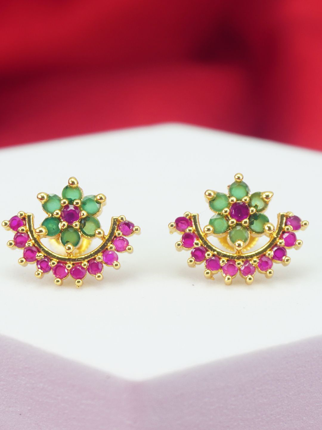

PINAAKA DARINI 1Gram Gold Artificial Stone Studded Circular Studs, Pink