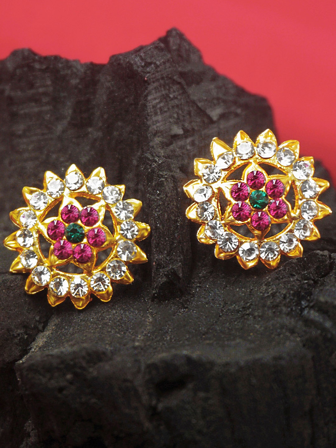 

PINAAKA DARINI Gold-Plated One Gram Zircon Stone Studded Floral Studs