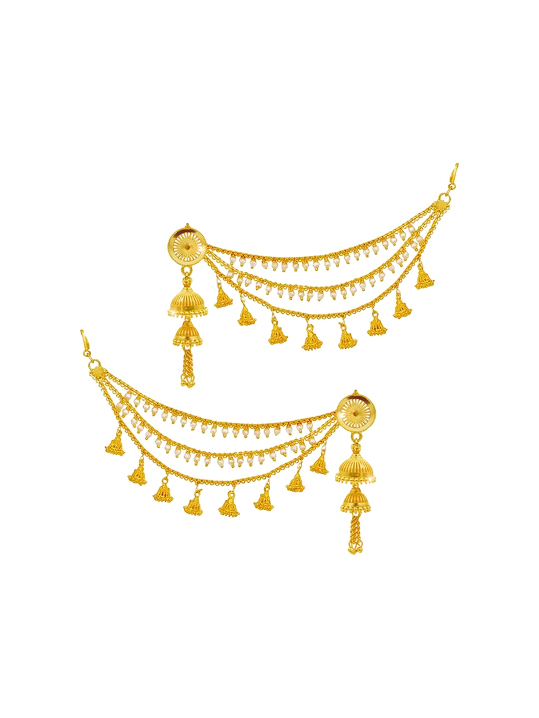 

PINAAKA DARINI Gold-Plated Circular Pearl Beads Temple Chain Drop Earrings