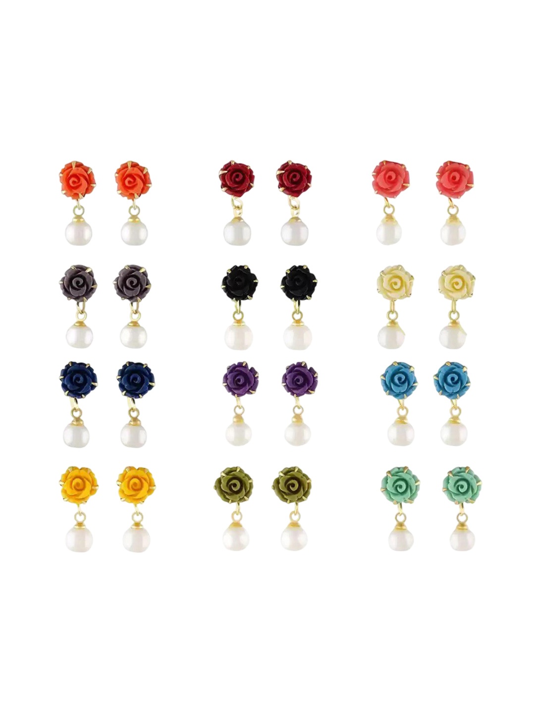 

PINAAKA DARINI Set Of 12 Floral Shaped Pearls Studs, Red