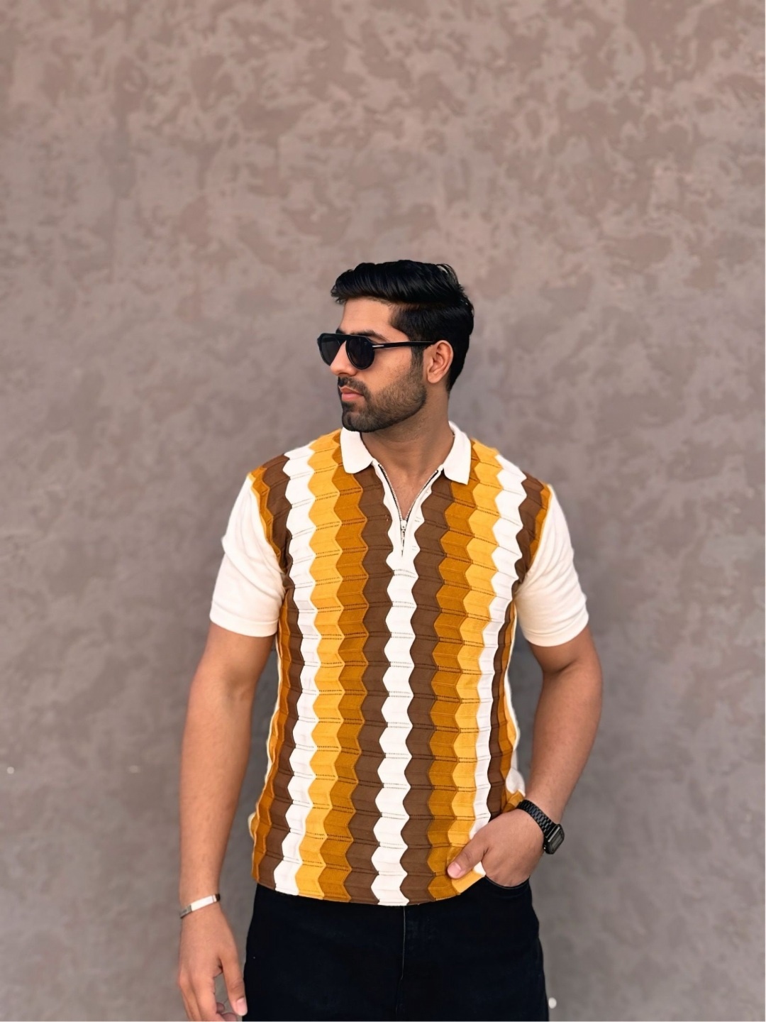 

Raimbera Men Self Design Polo Collar Cotton T-shirt, Mustard