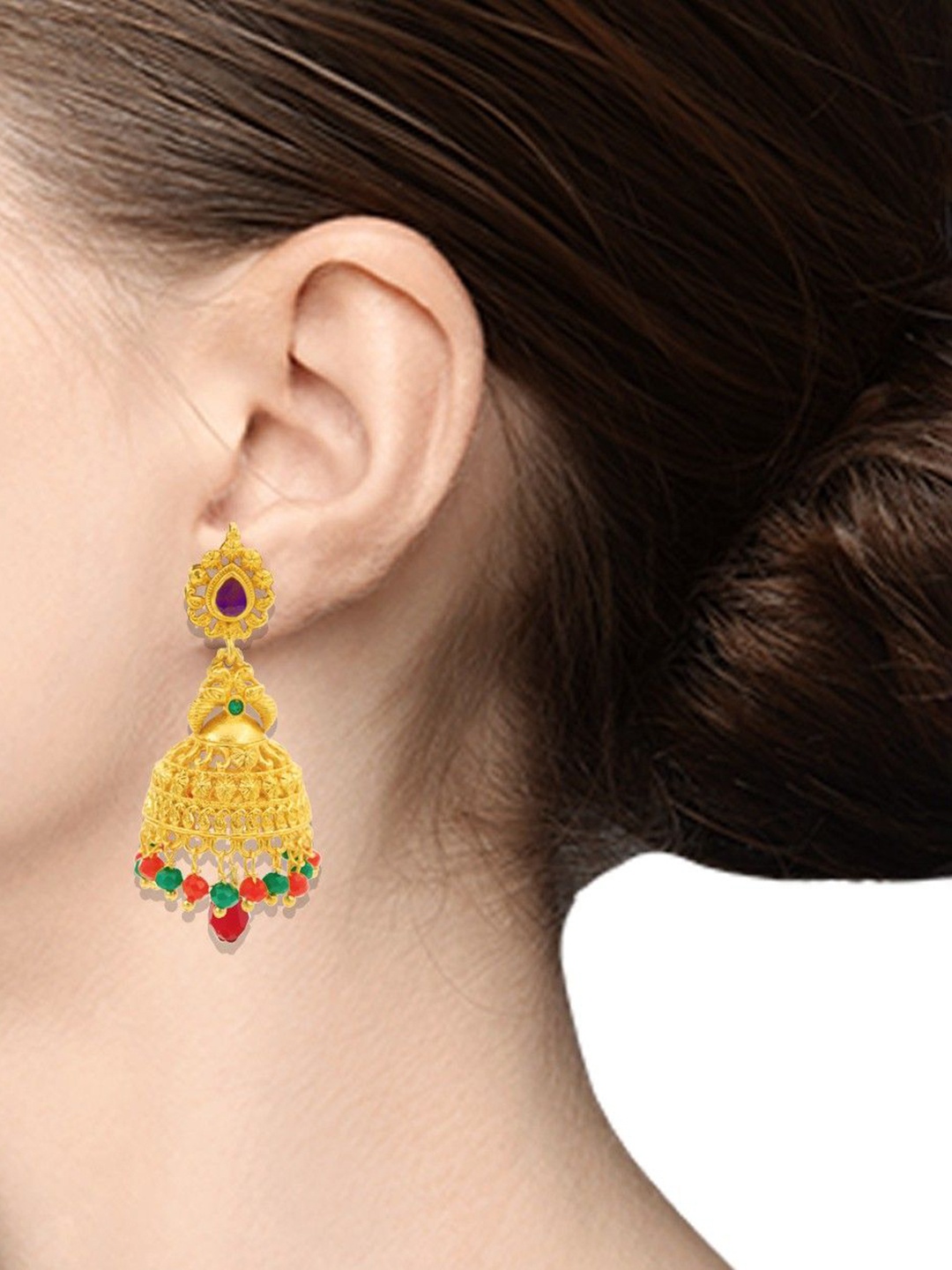 

PINAAKA DARINI Set Of 2 Gold-Plated Dome Shaped Stone Studded & Pearls Beaded Jhumkas