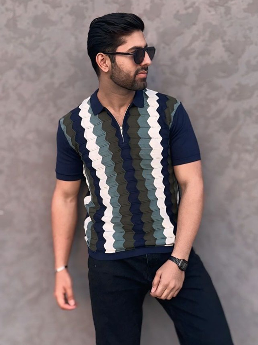 

Raimbera Men Self Design Polo Collar Cotton Oversized T-shirt, Teal