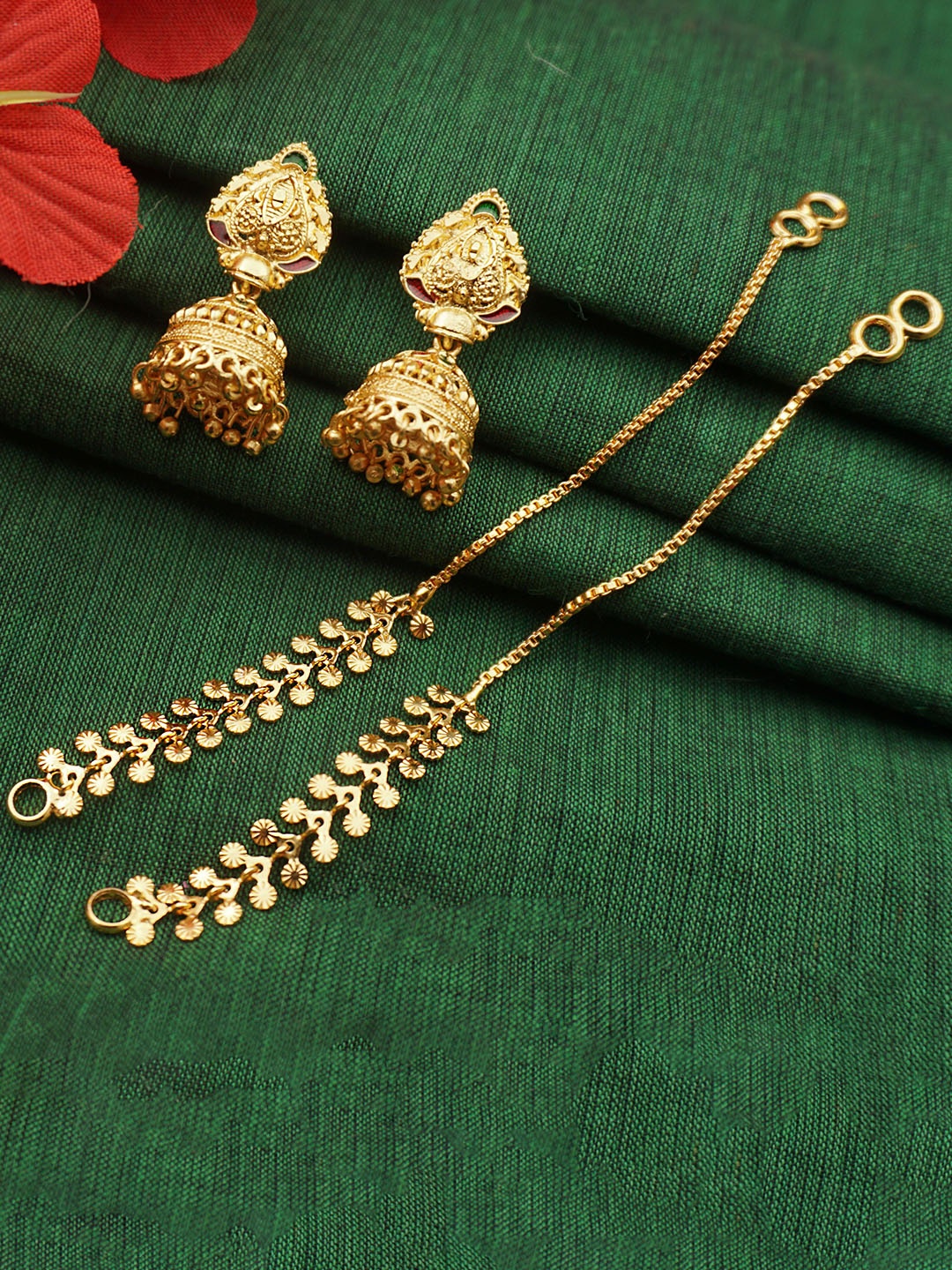 PINAAKA DARINI Gold-Plated 1 Gram Dome Shaped Jhumkas With Kaan Chain