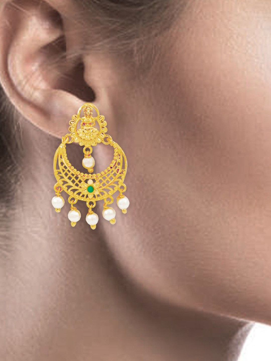 

PINAAKA DARINI 1 Gram Gold-Plated Contemporary Chandbalis With Ear Chain