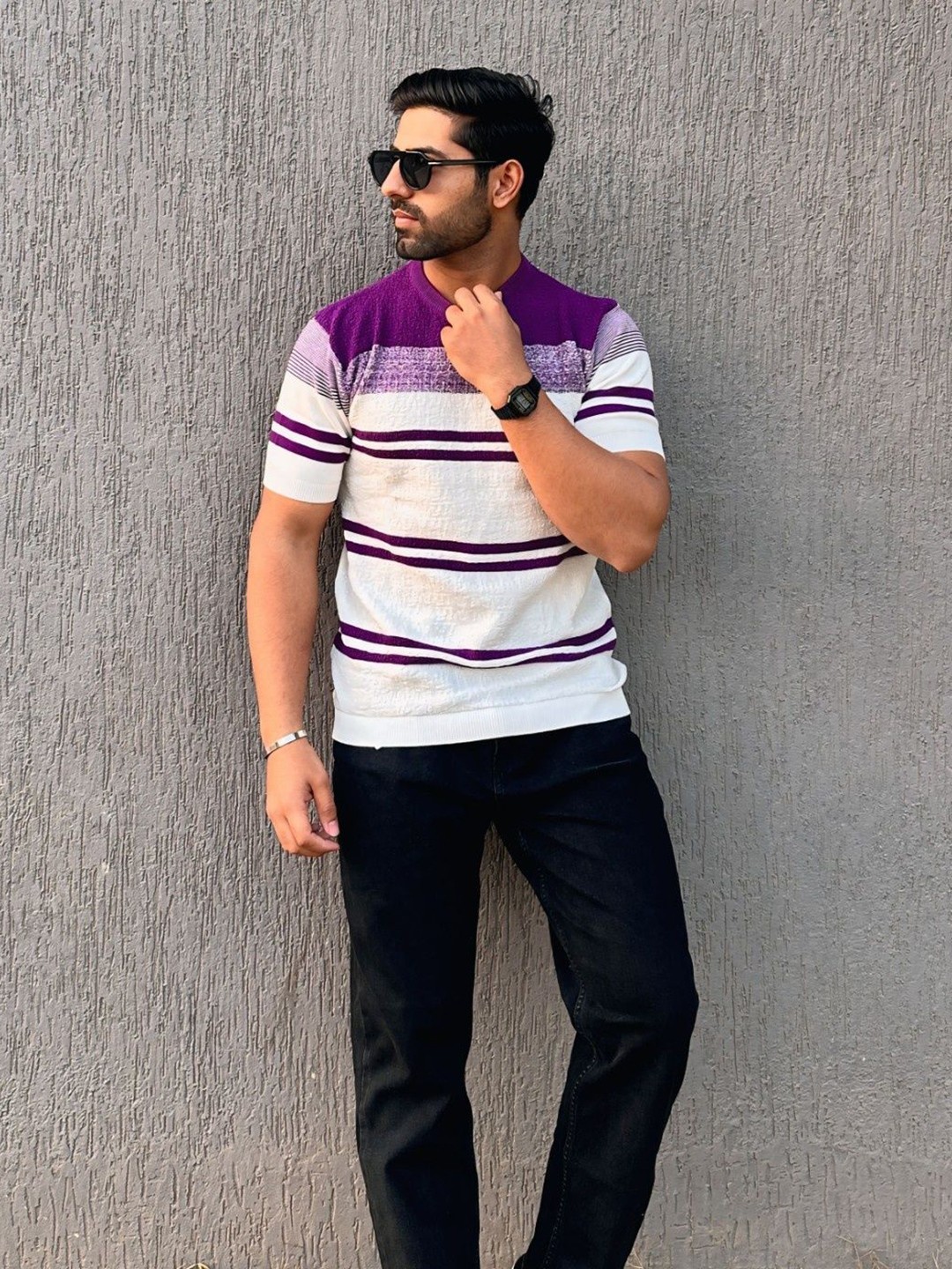 

Raimbera Men Striped High Neck Pockets T-shirt, Purple