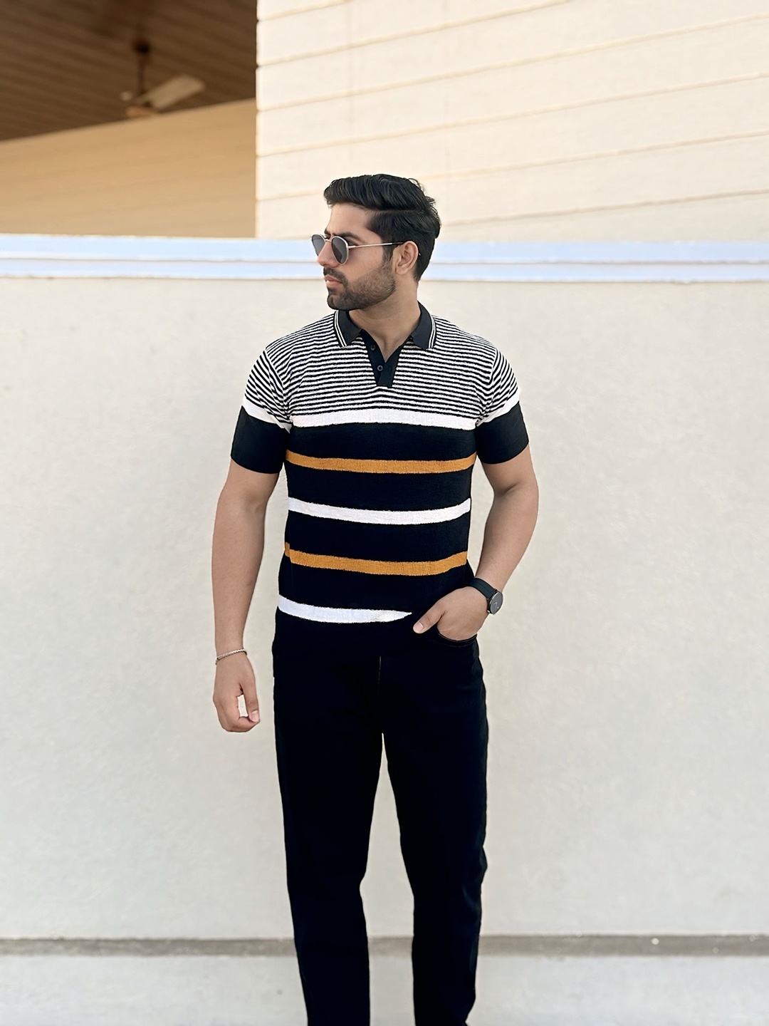 

Raimbera Men Striped Polo Collar Cotton T-shirt, Black
