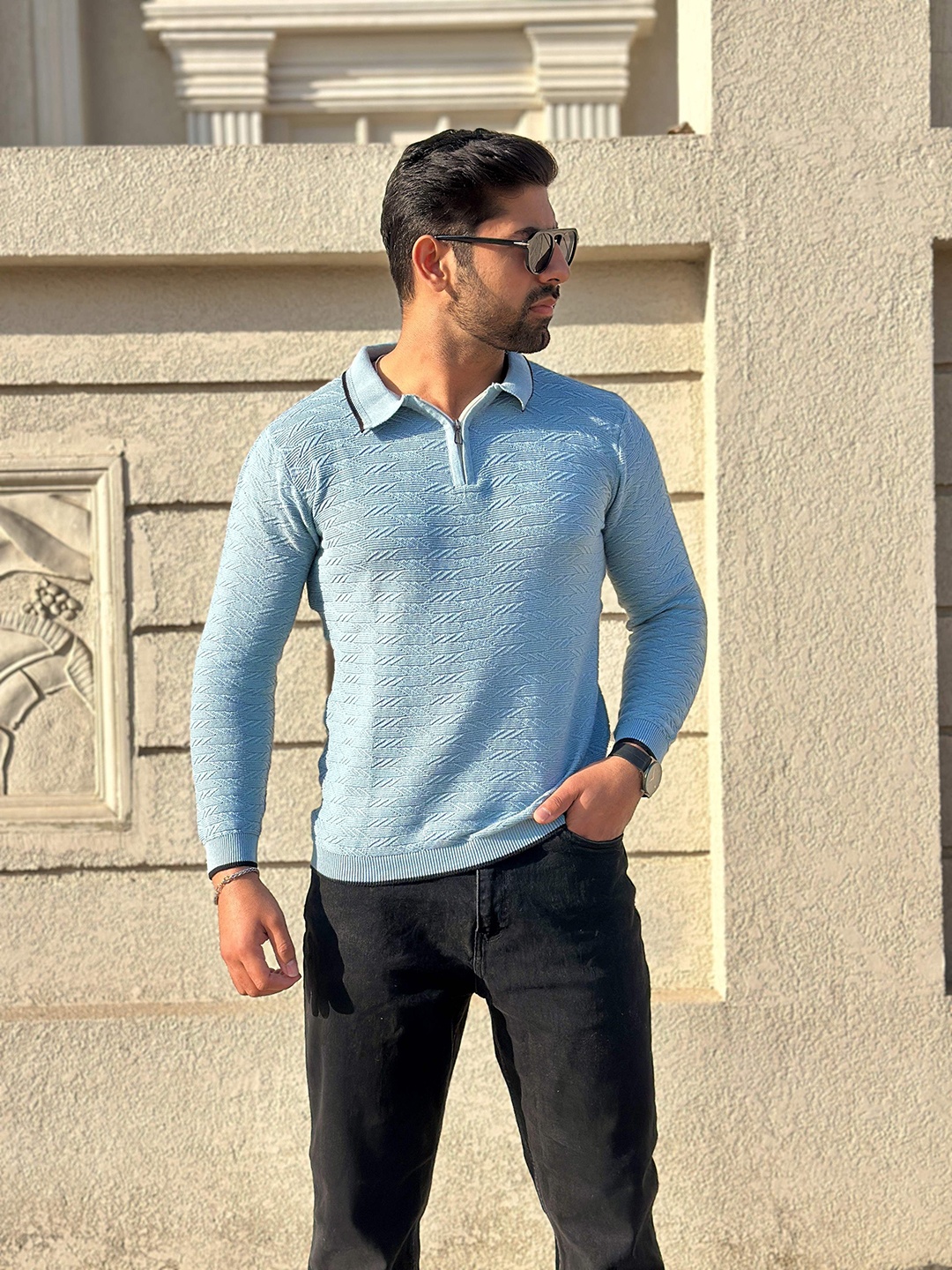 

Raimbera Men Self Design Polo Collar Cotton T-shirt, Blue