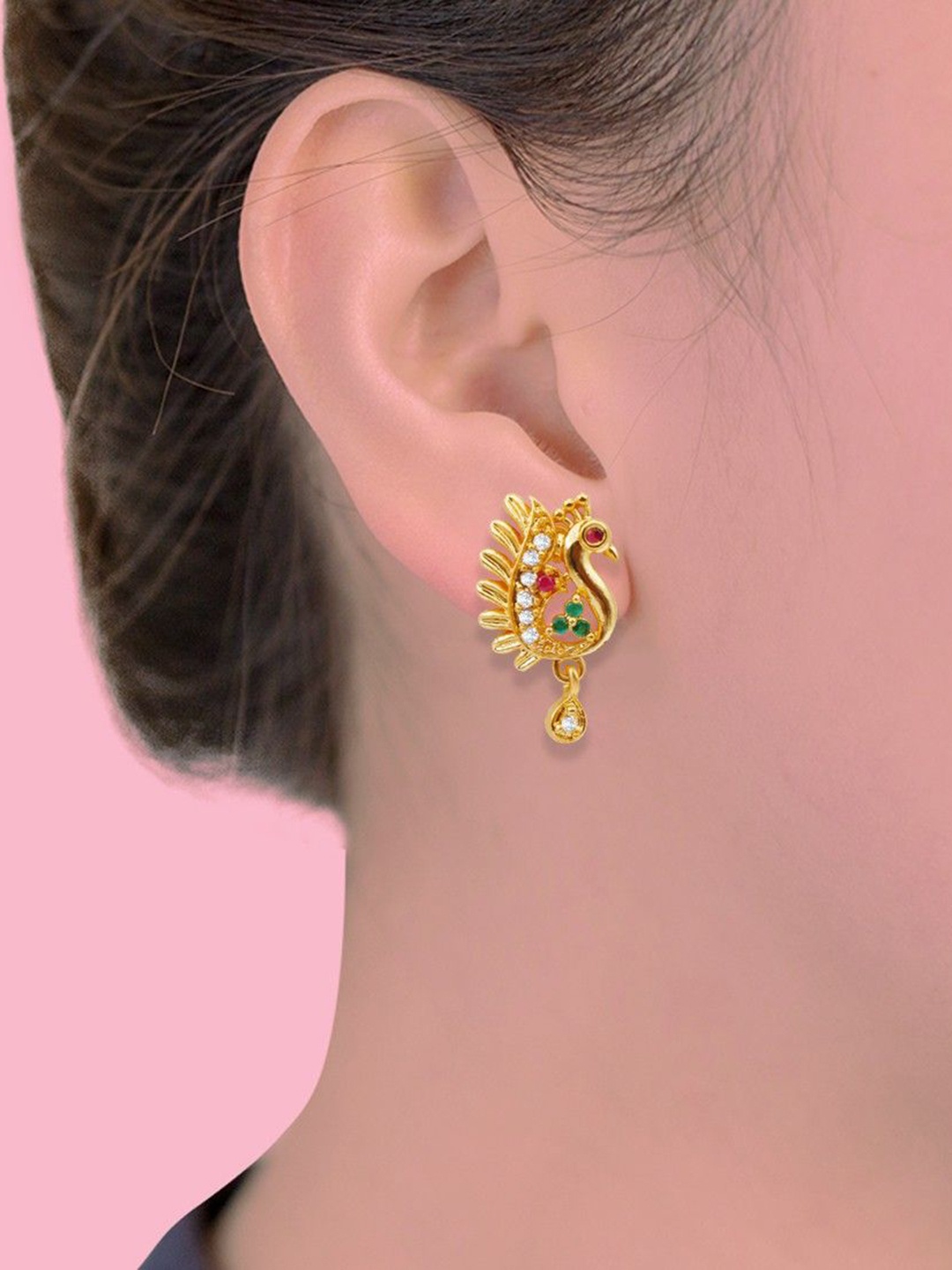 

PINAAKA DARINI Gold-Plated 1 Gram Stone Studded Meenakari Temple Studs