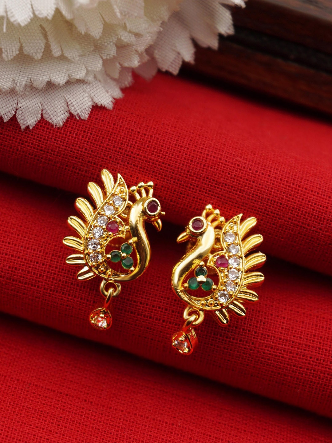 

PINAAKA DARINI Gold-Plated One Gram Peacock Shaped American Diamond Stone Studded Studs